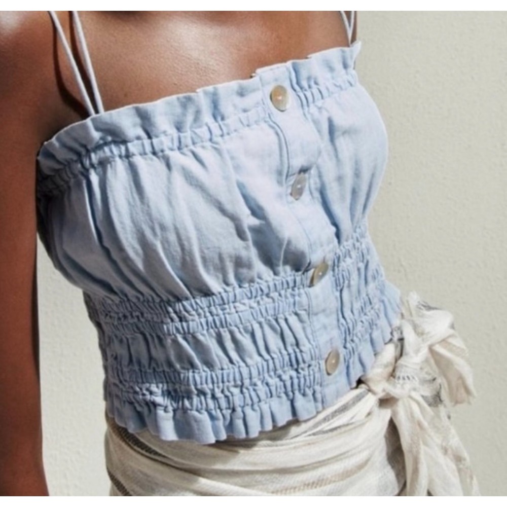 Zara Light Blue Smocked Button-Front Tank Top